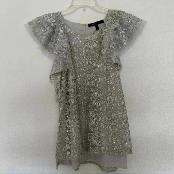 BCBG MaxAzria Steacy Silver Lace Ruffle Blouse SIZE XXS - Picture 2 of 4